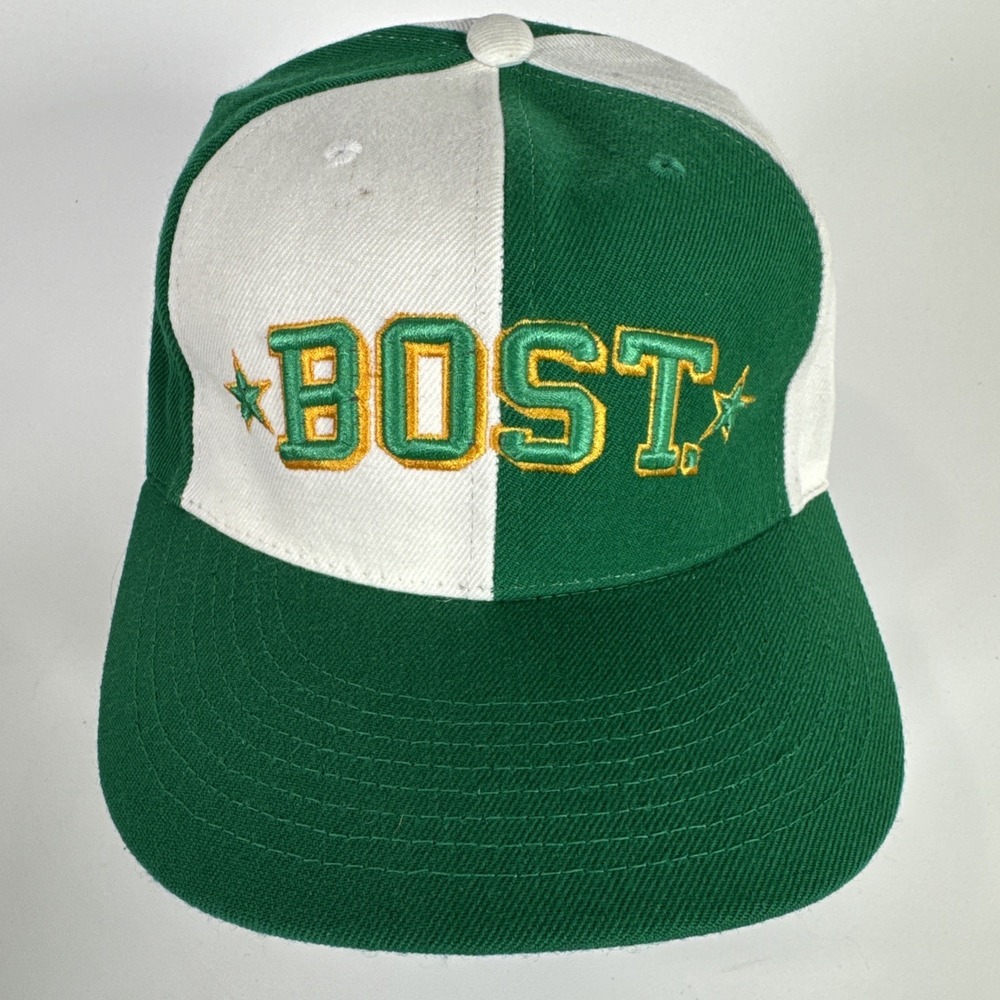 Vintage 90s Boston Big Boy Headgear Fitted 7‎ 3/8 Hat Cap Green White Gold RARE!